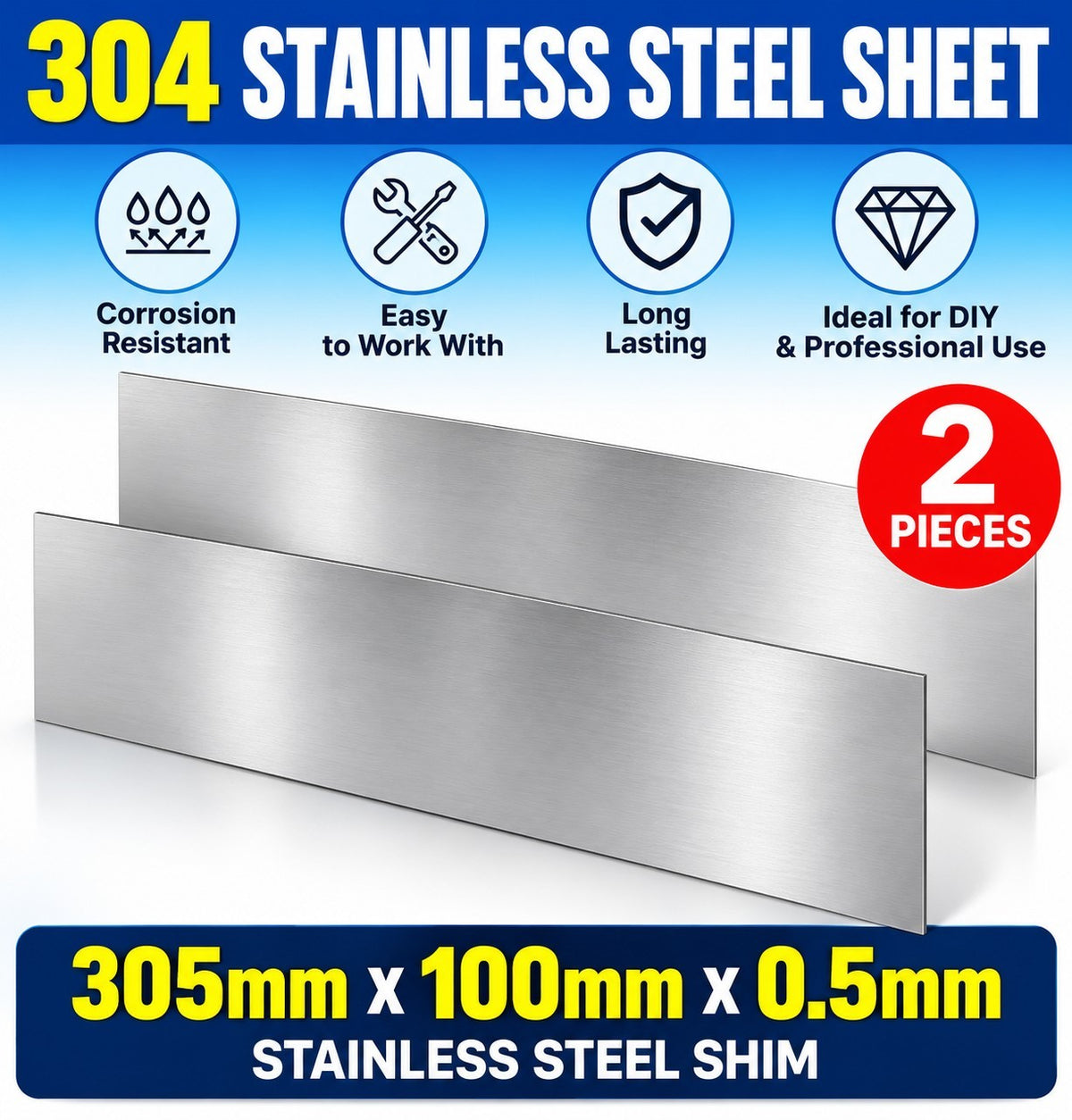 2 pieces 304 stainless steel sheet, 305mm x 100mm x 0.5mm stainless steel sheet
