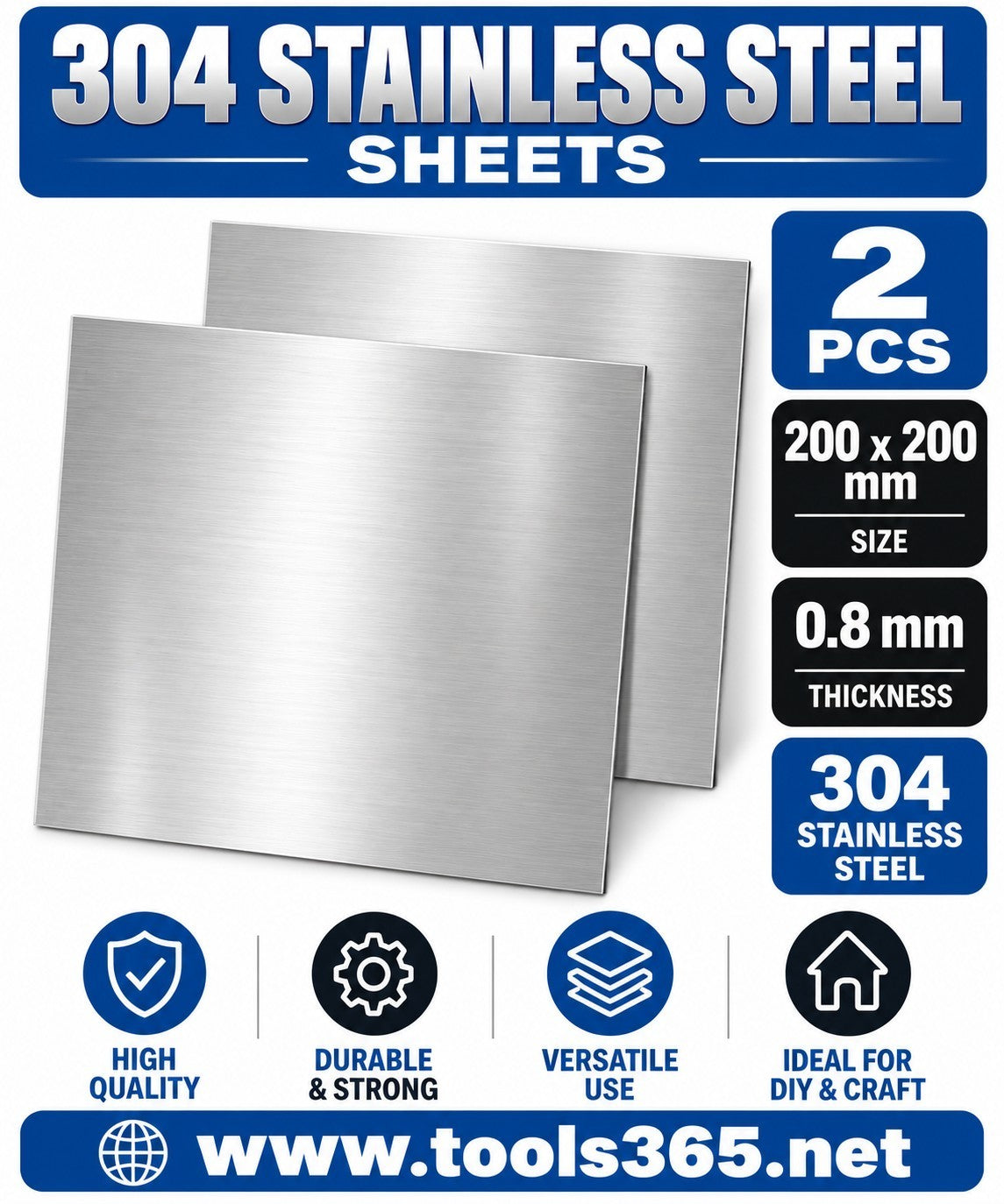2 Pieces 304 Stainless Steel, 200mm Square X 0.8mm Thick 