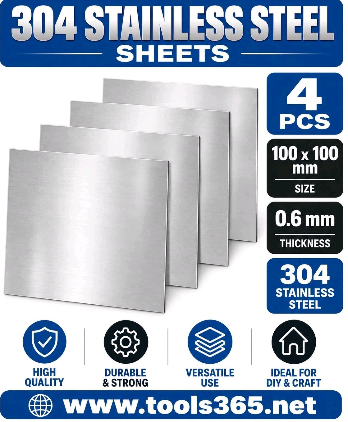 4 Pieces 304 Stainless Steel, 100mm Square X 0.6mm Thick 